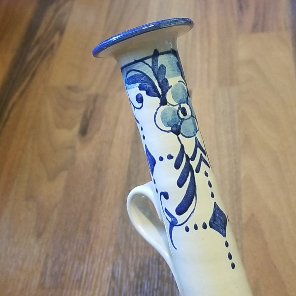 Vintage Tall Italian Pottery Blue & Cream Floral Chamberstick Candle Holder - Picture 7 of 11